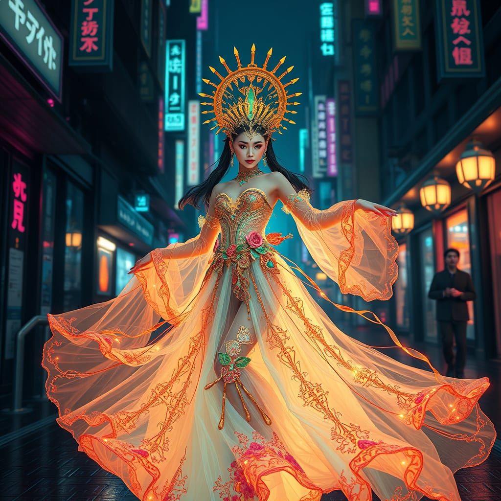 A stunning, otherworldly depiction of a XianXia maiden, the Cyber Maiden of July, dancing through neon-lit streets. She ...