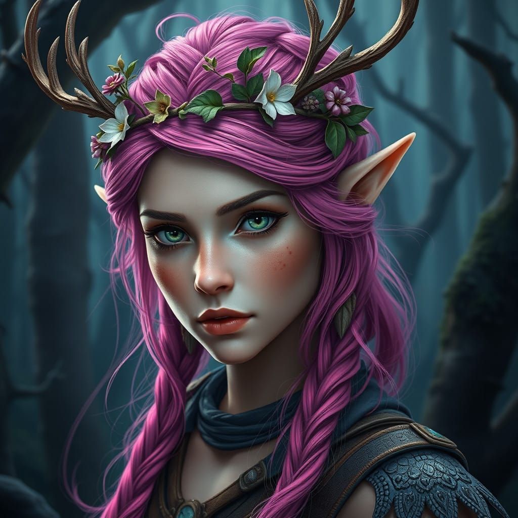 Enchanted Elf Ranger with Antler Crown in Primeval Forest