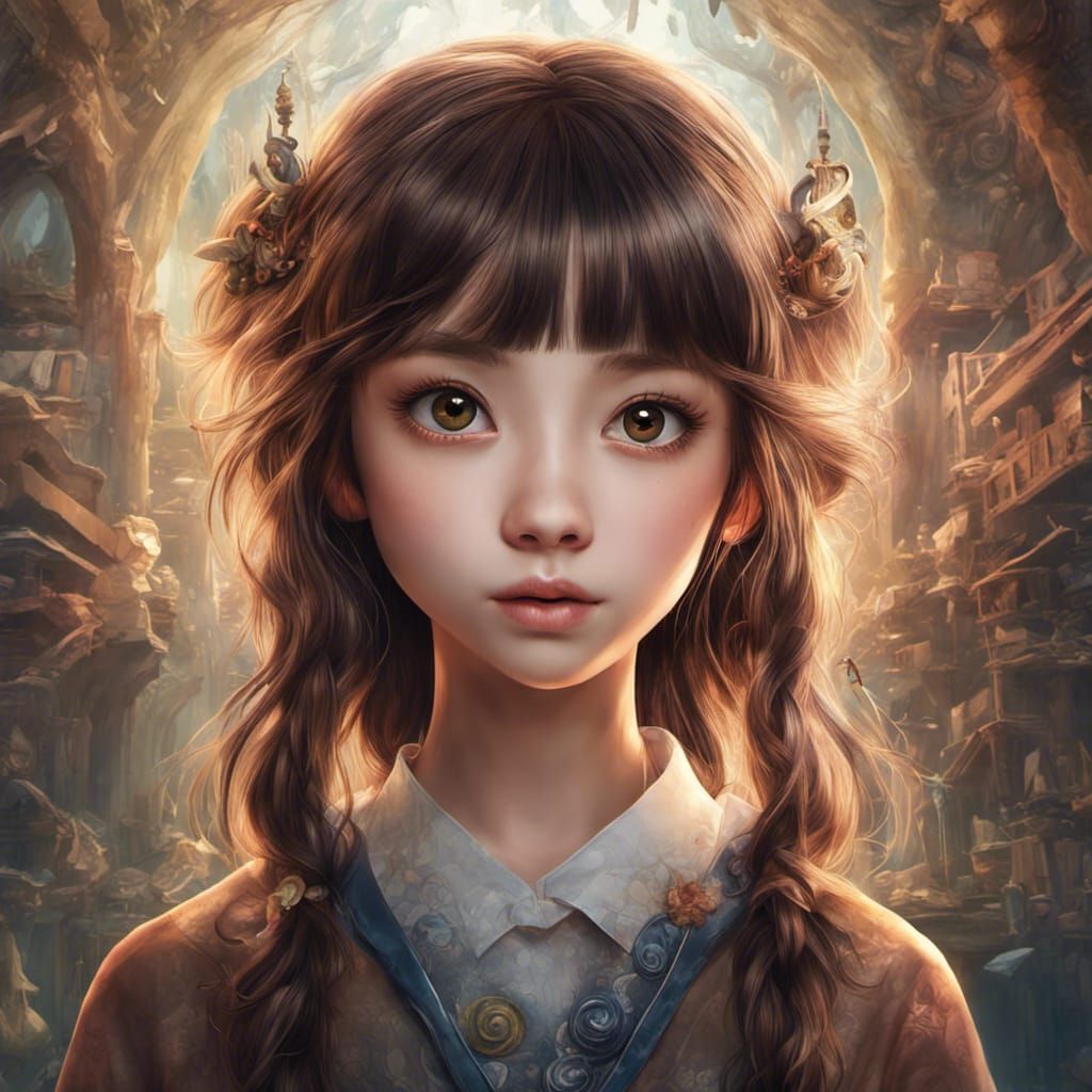 thirteen-year-old half-japanese half-american girl brown wavy hair big eyes long eyelashes bangs