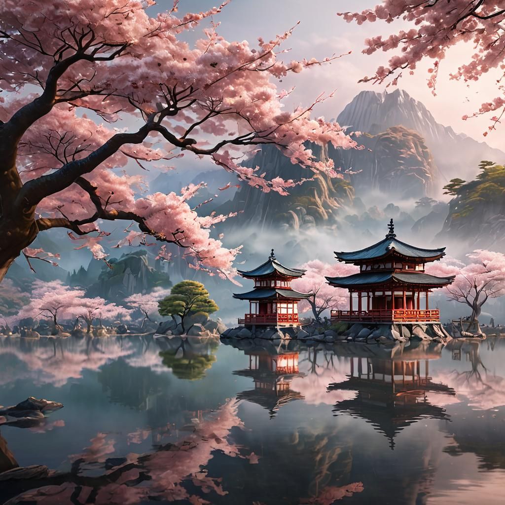 Sakura Tree by Lake: Hyperrealistic Concept Art
