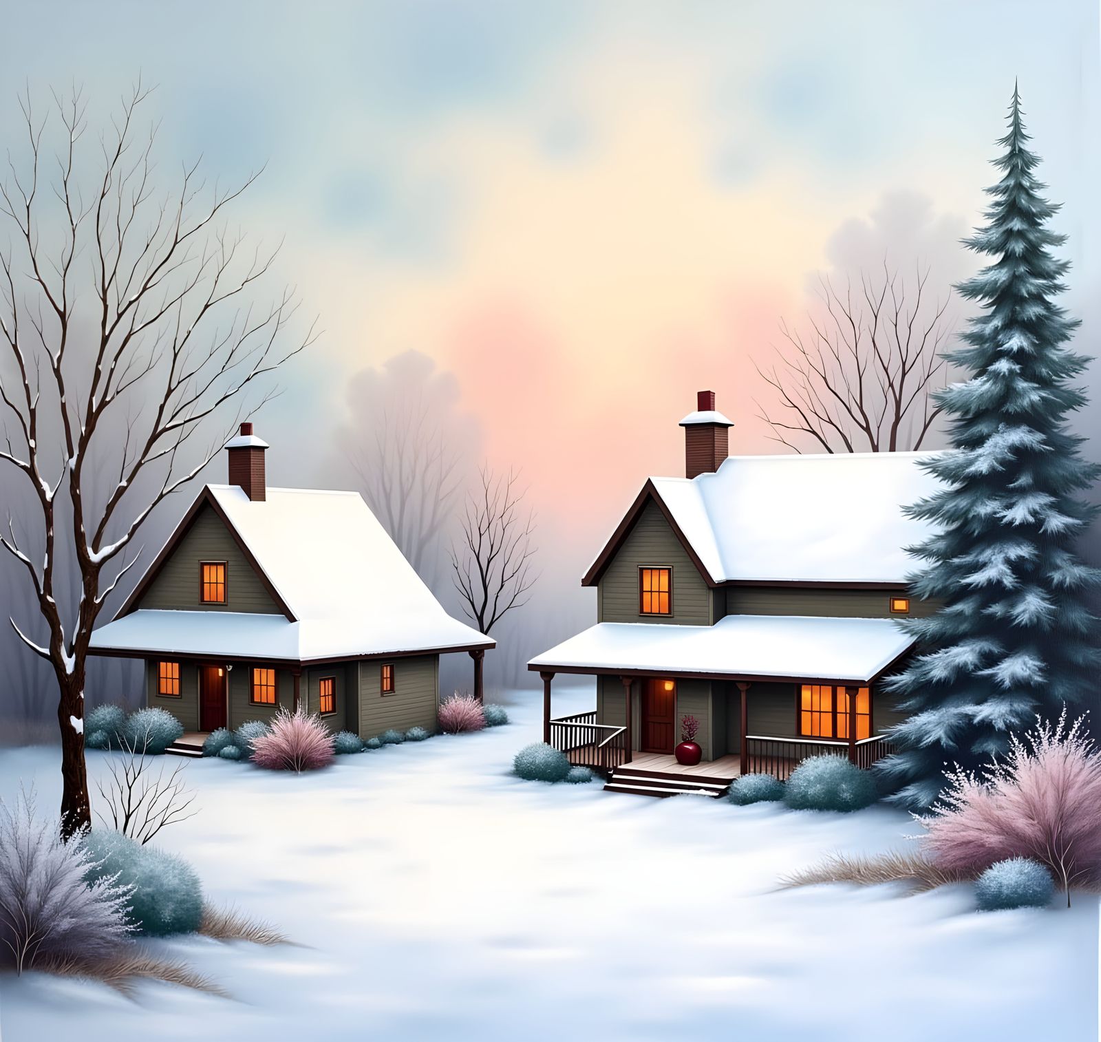 Impressionist Snowy Village in Soft Pastels