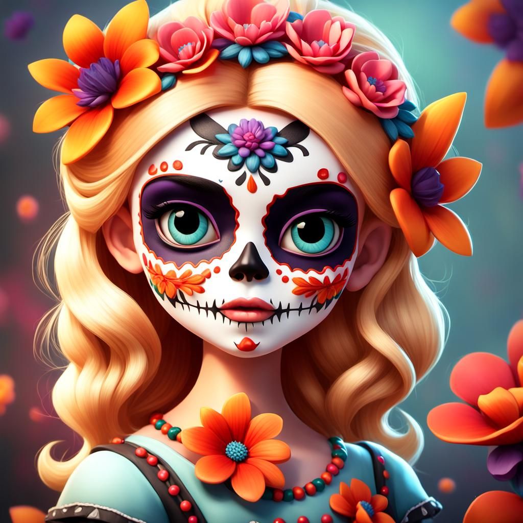 Chibi Girl with Day of the Dead Makeup as 3D Art