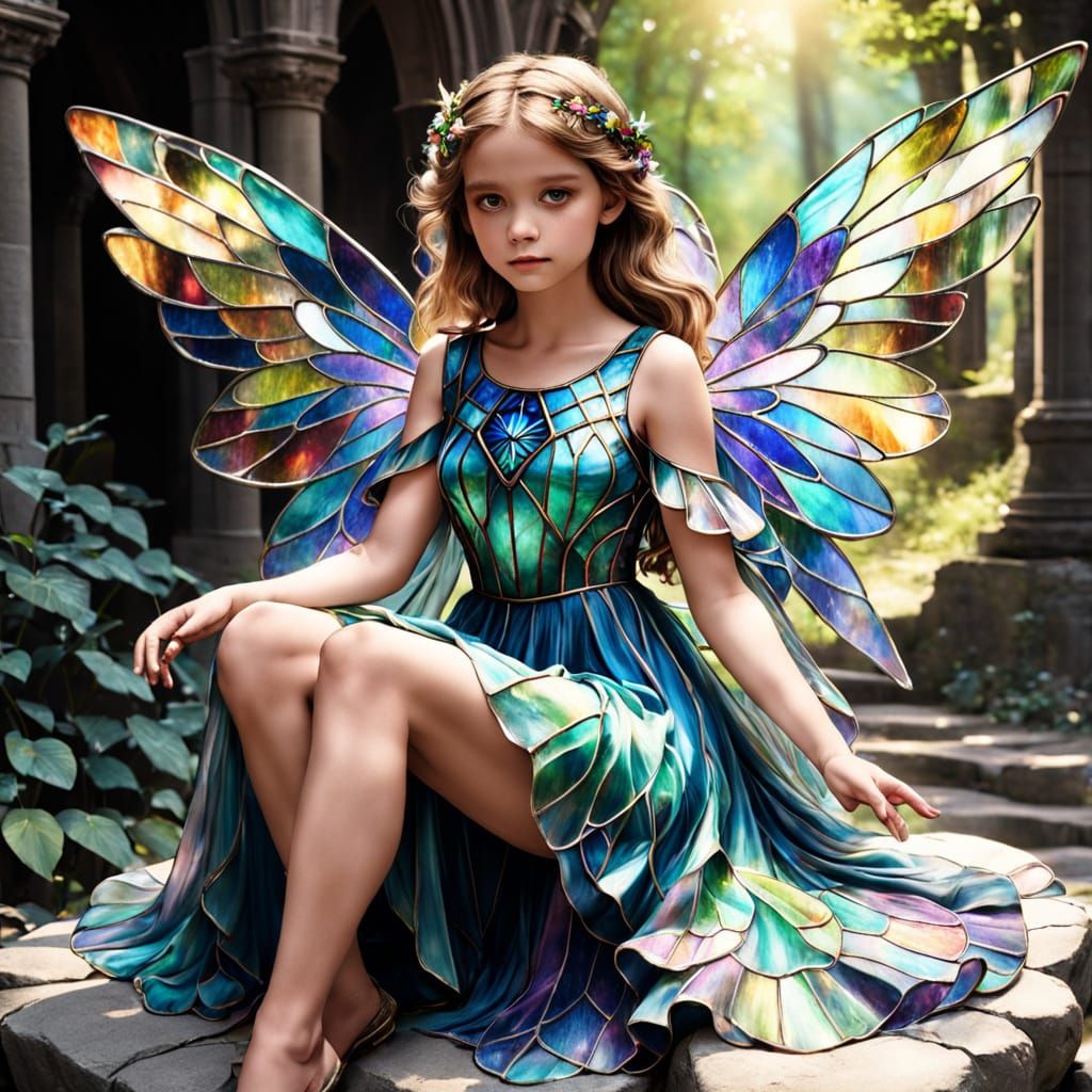Fairy wearing Stained glass inspired flowy dress with stain ...