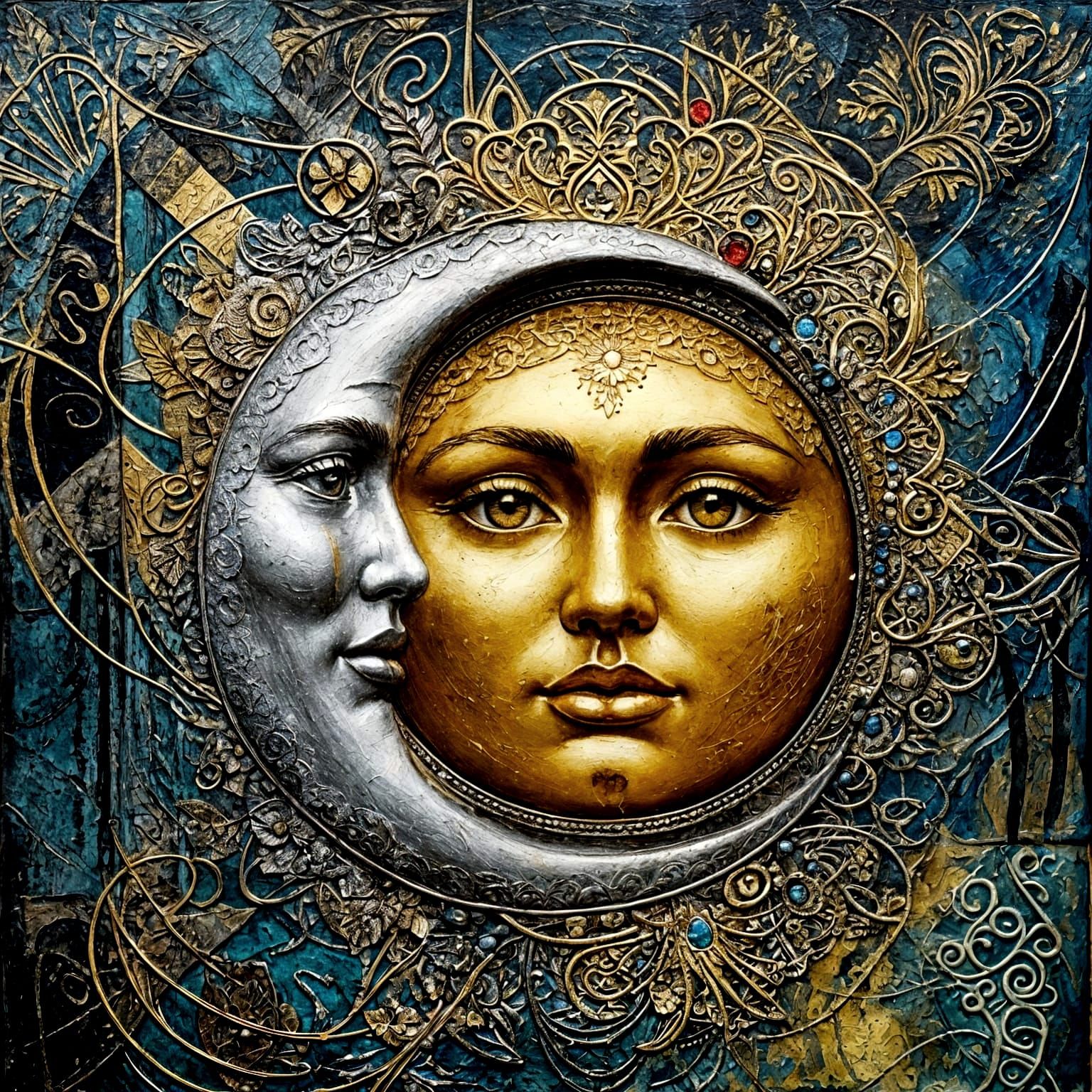 Art Nouveau Sun and Moon Mixed Media Collage