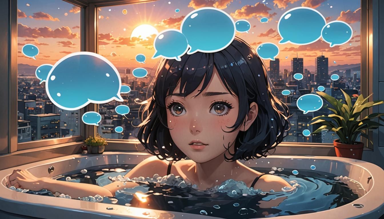 Anime Woman in Bathtub with Chat Bubbles