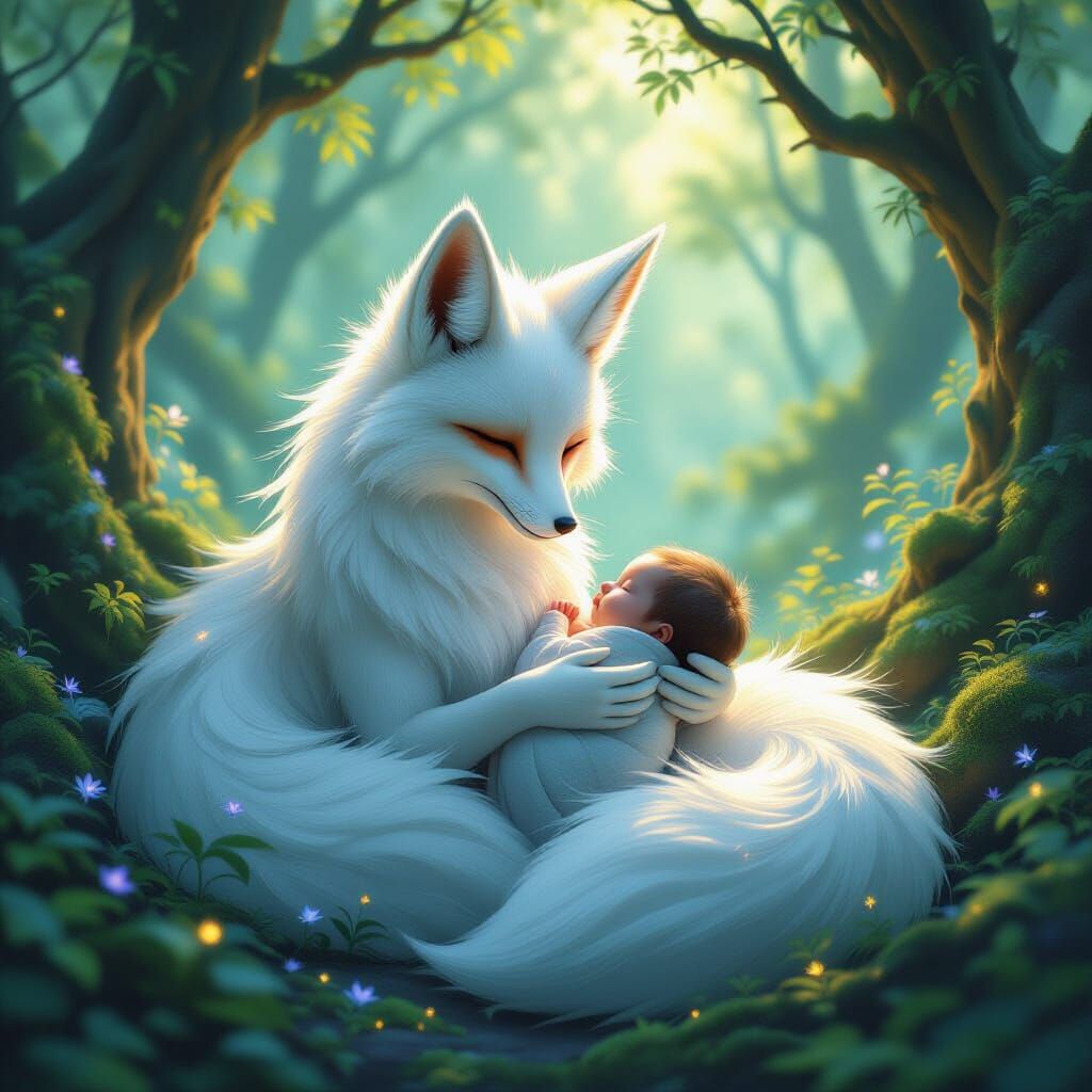 Mythical Kitsune Cradles Newborn in Enchanted Forest