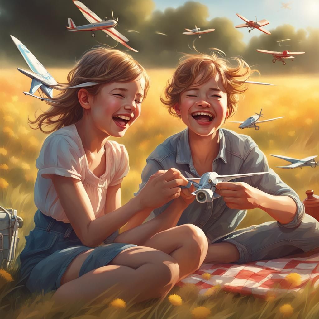 Childhood Friends Playing with Model Airplanes