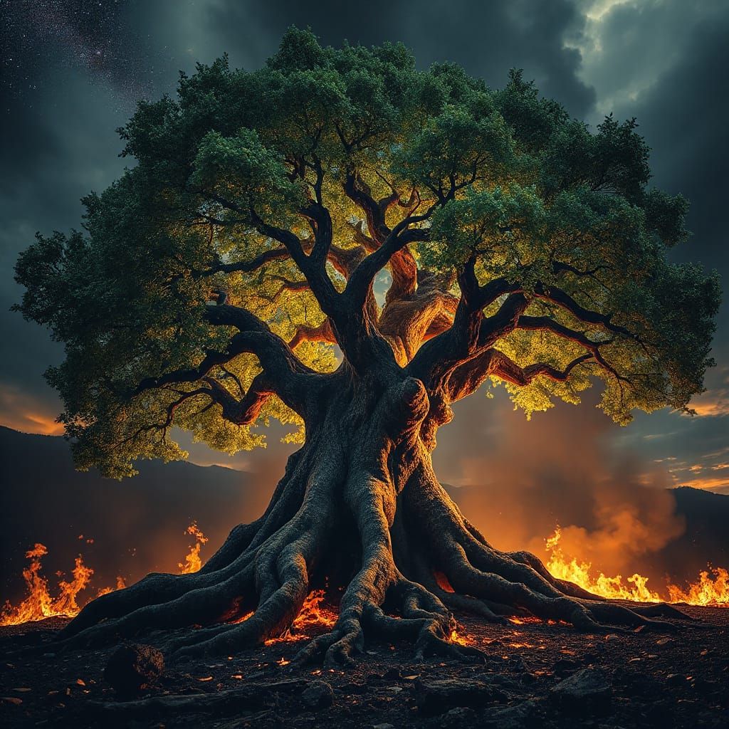 Resilient Oak Tree Against Inferno, Digital Painting