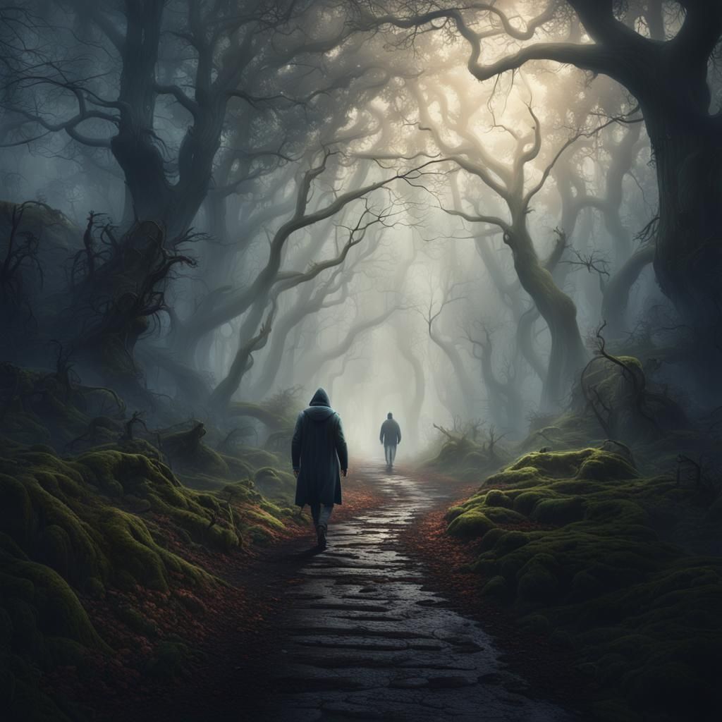 Mysterious Figure in Foggy Forest: Fantasy Concept Art