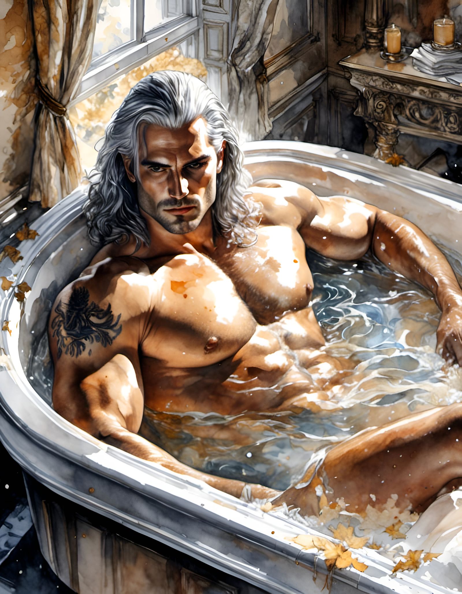 Geralt in Bathtub: Watercolor Digital Art