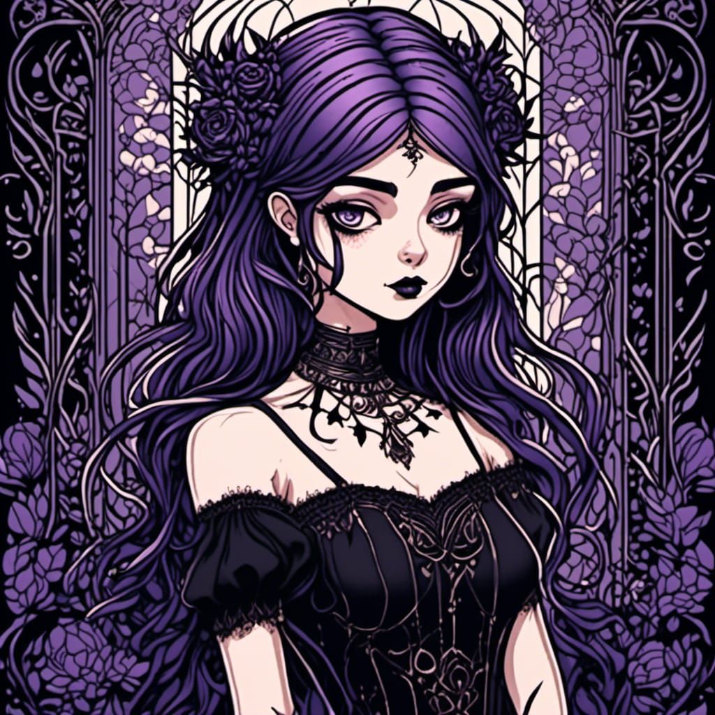 Gothic Emo Girl with Purple Lipstick Manga Art