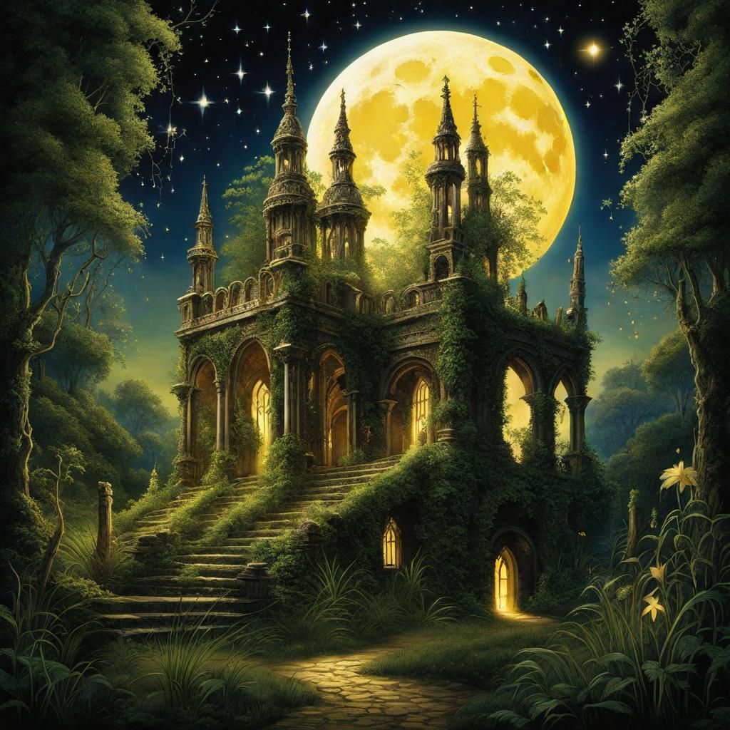 Gothic Ruins in Burton Style Under Moonlight