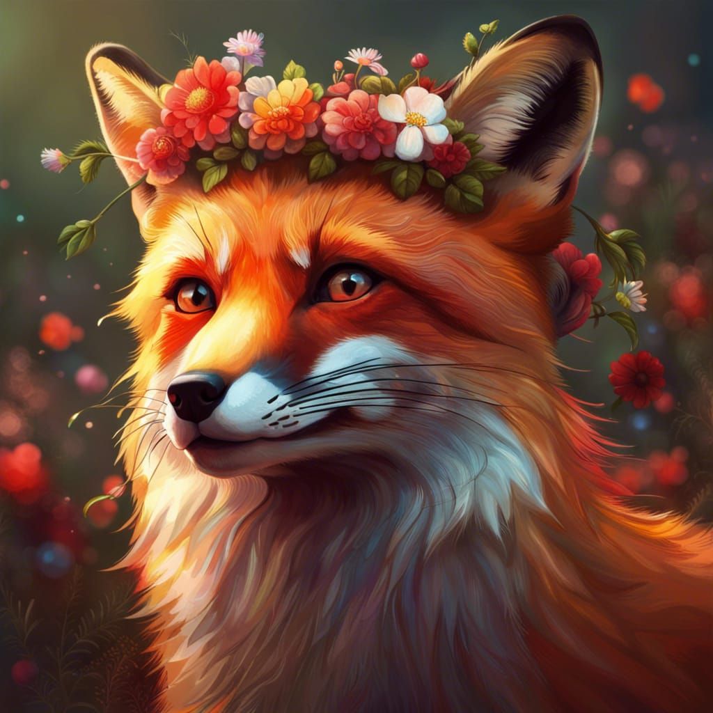 Fox with Flower Crown in Hyperrealistic Splash Art