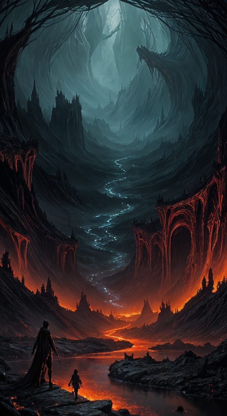 Eerie Underworld Vista with Mythical Guardians