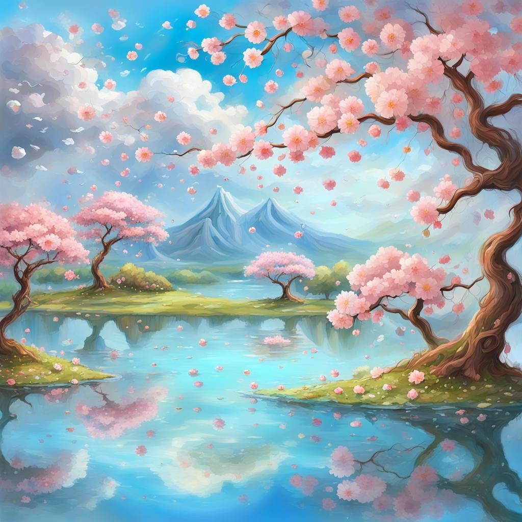 Sakura Island Landscape with Petal Dance, Digital Painting