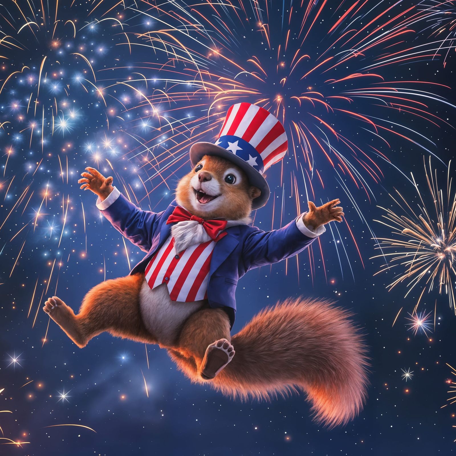 Squirrel as Uncle Sam Leaping into Fireworks Sky