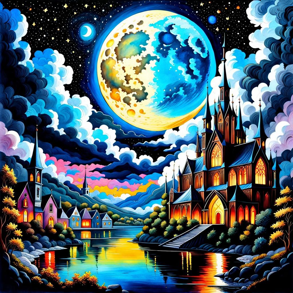 Colorful Village at Night: Gothic Romantic Oil Painting