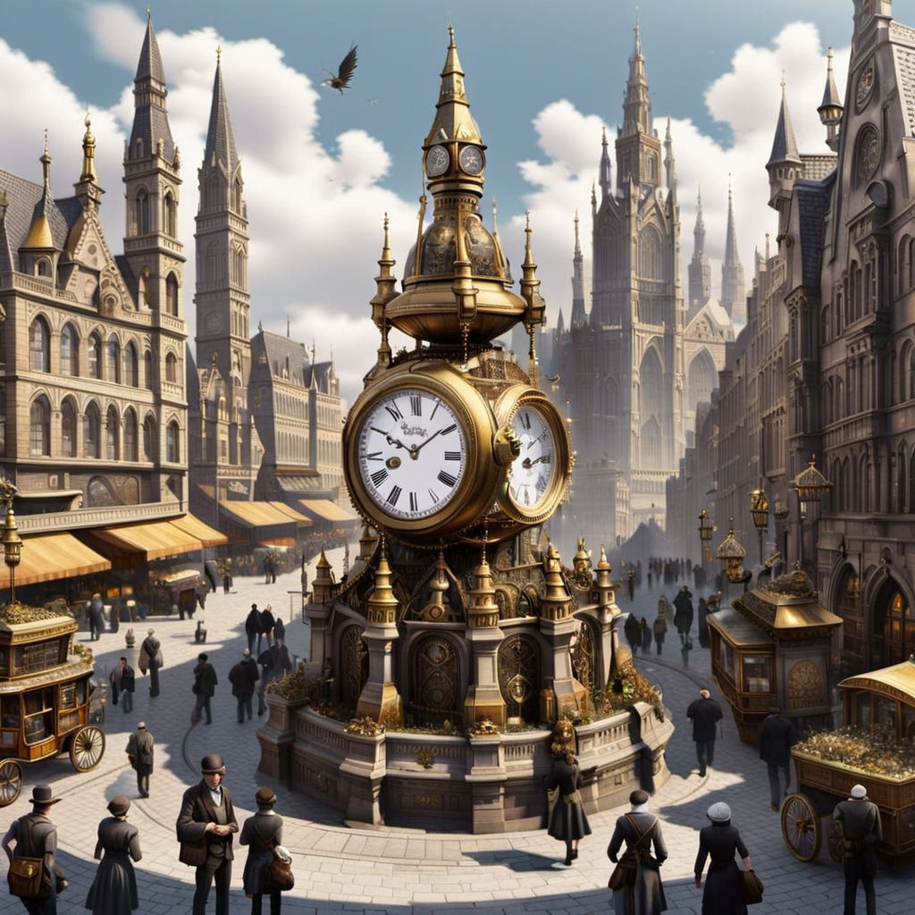Gothic Cityscape with Steampunk Details and Grand Fountain