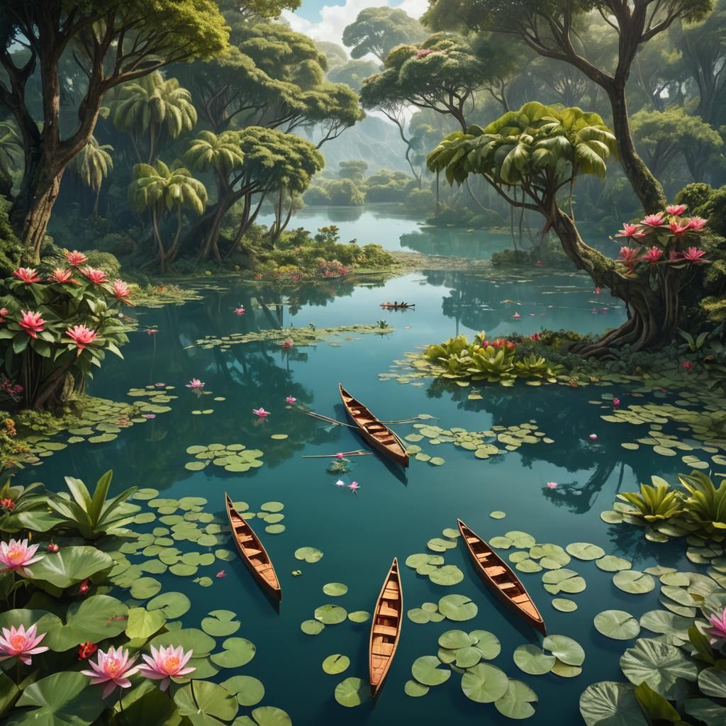 Cinematic Tropical Lake Landscape in Matte Painting Style