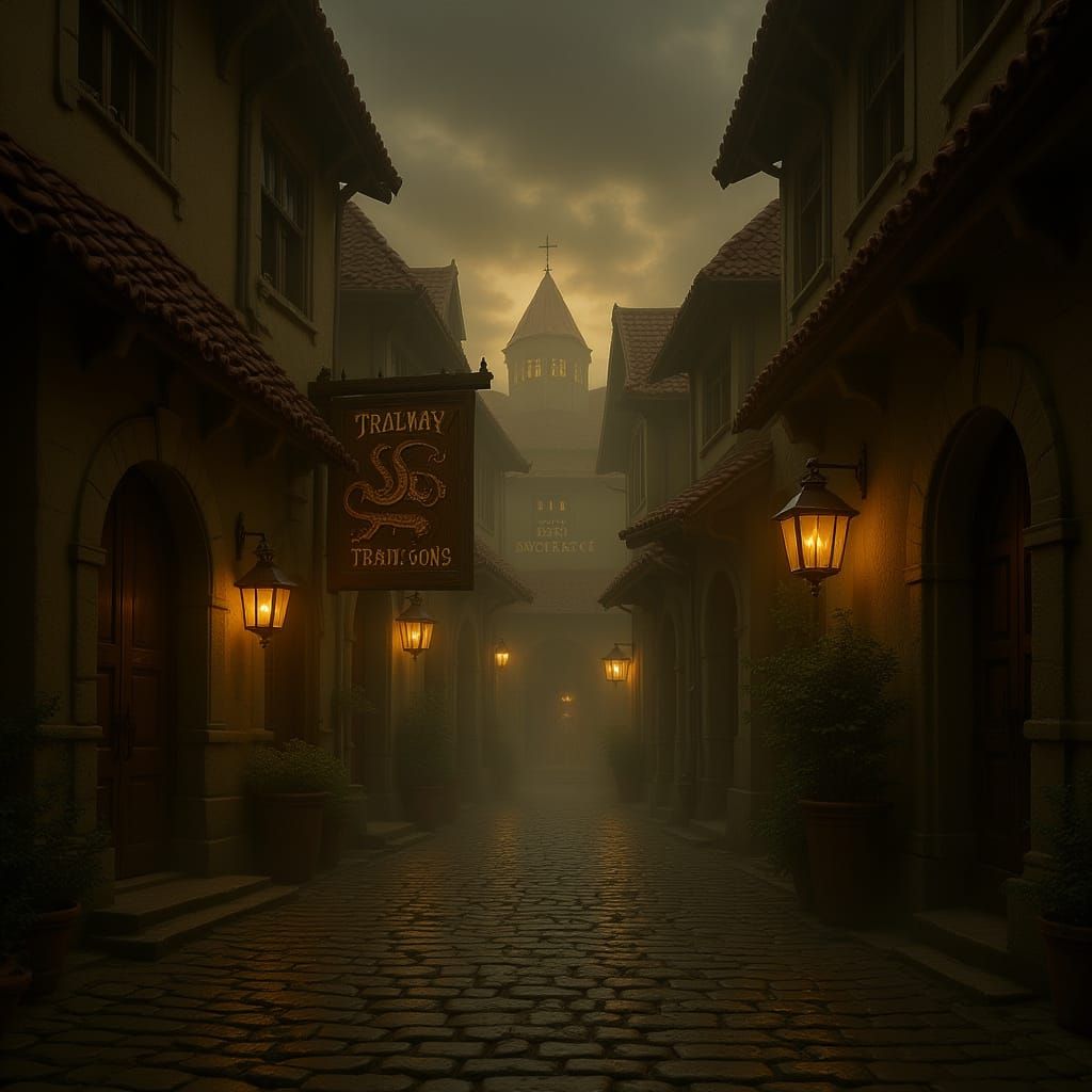 Misty Medieval Alleyway with Dragon Sign, Golden Light