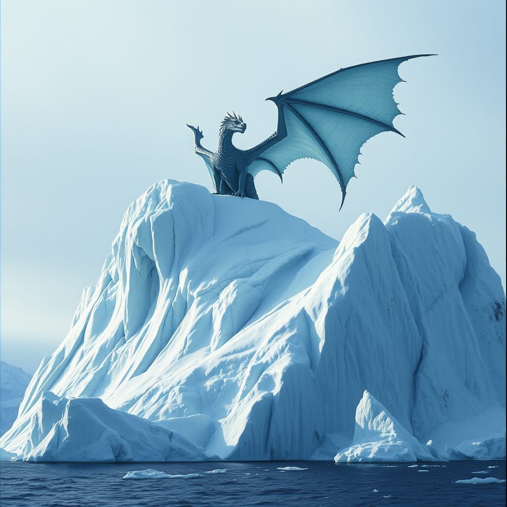 Epic Ice Dragon Perched atop Towering Iceberg in Frosty Land...