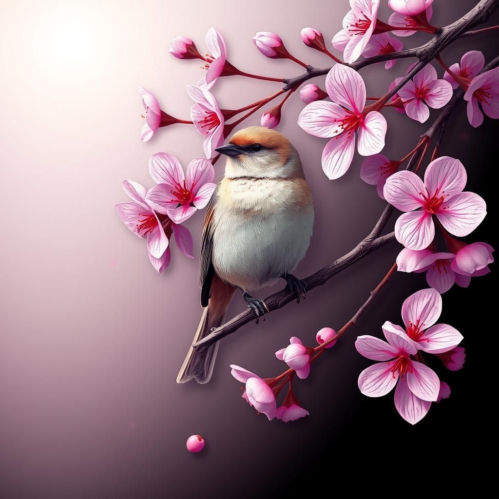 Sparrow on Cherry Blossom Branch with Abstract Elements