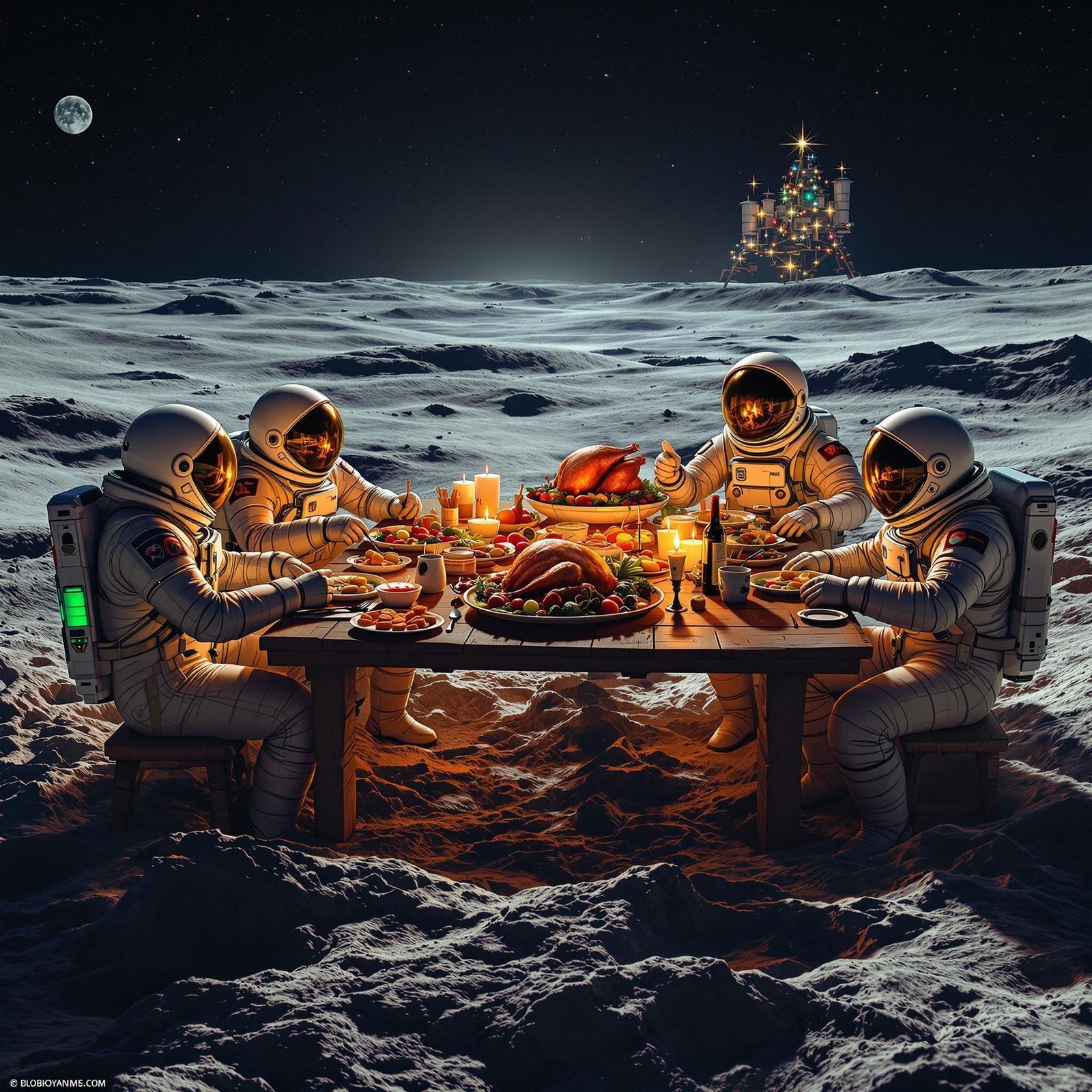 Astronauts' Lunar Feast in a Futuristic, Retro-Futuristic St...