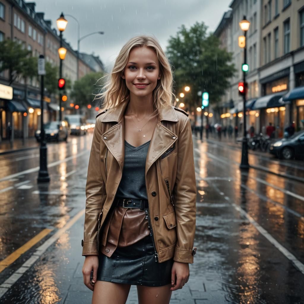 Smiling Blonde Model at Rainy Bus Stop