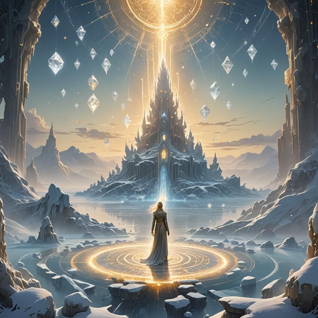 Ethereal Fantasy Art: Radiant Figure on Floating Platform