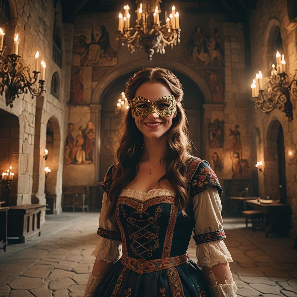 Brown Haired Medieval Girl Ready to Attend the Halloween  Masquerade