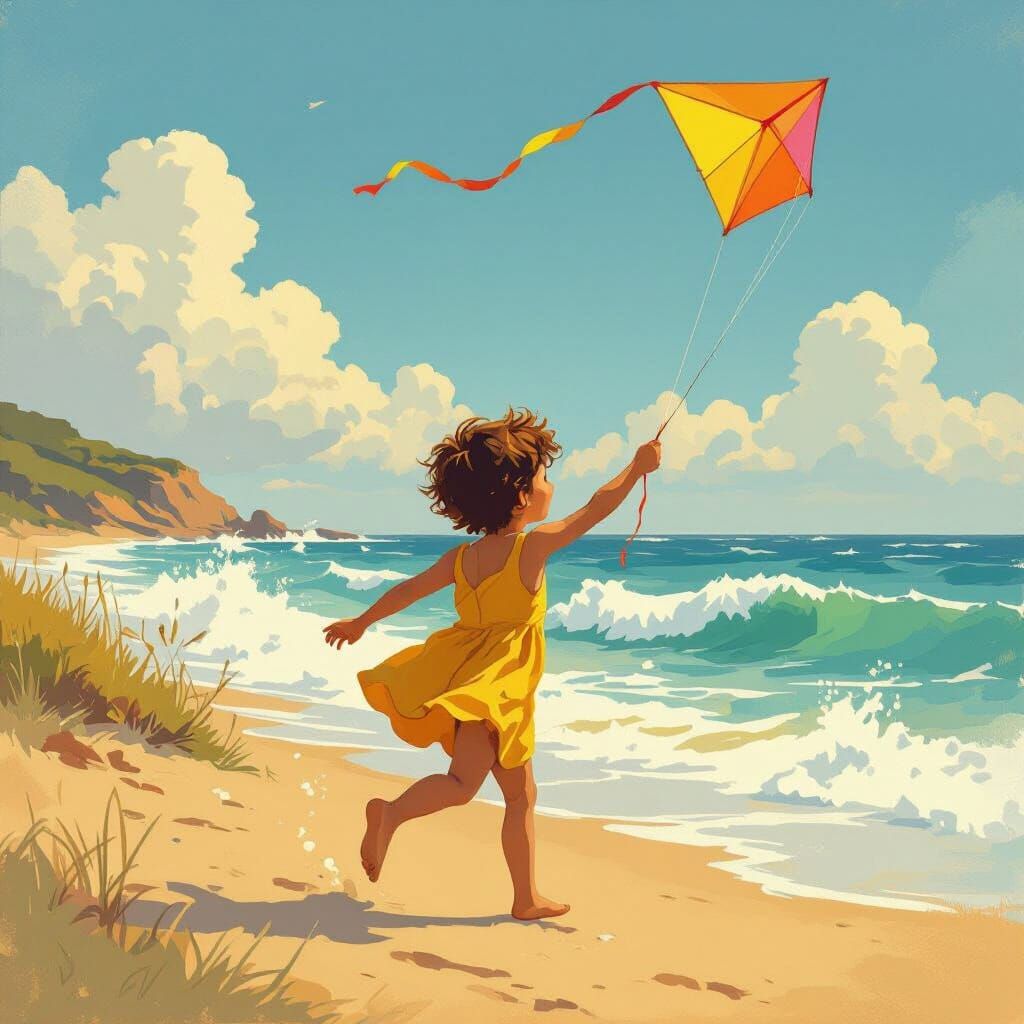 Whimsical Beach Scene with Kite, Digital Painting