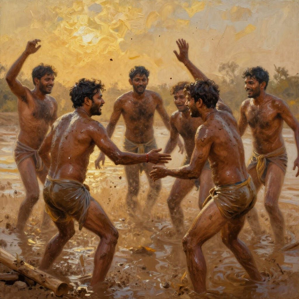 Joyful Mud Bath with Friends at Sunset