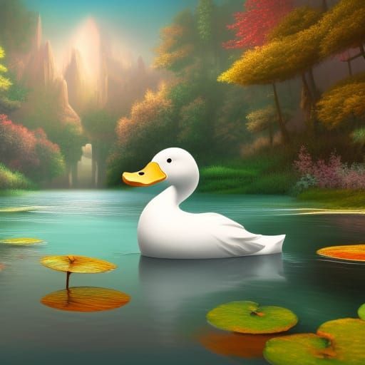Cartoon White Duck Swimming in Pond