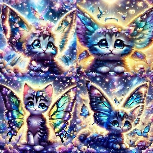 Whimsical Starry Eyed Kitten with Butterfly Wings in a Sunny...