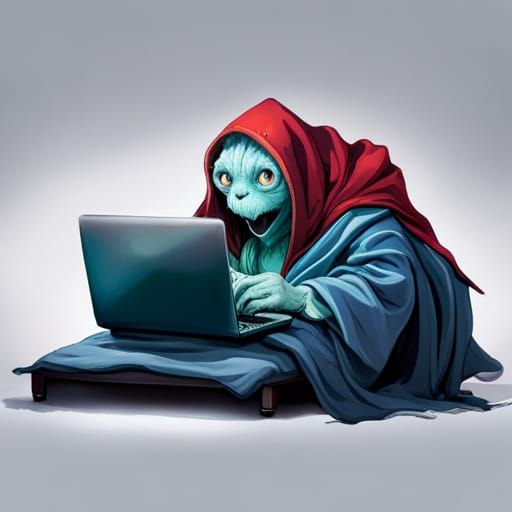 Cute Monster Working on Laptop in Fantasycore Style