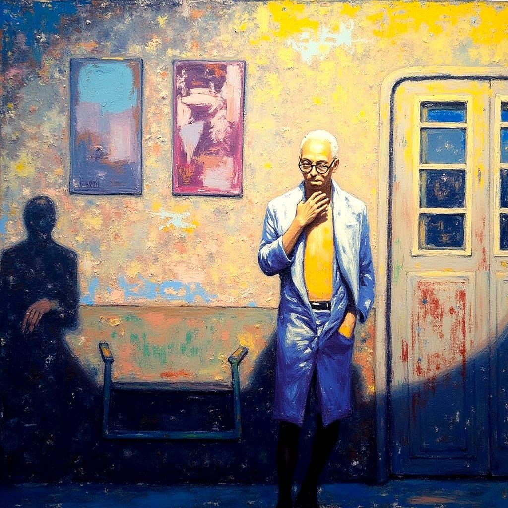 Man in Bathrobe at Train Station in Hopper Style