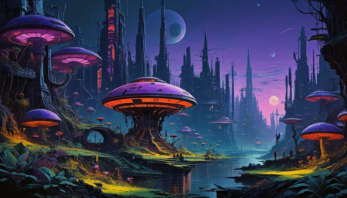 Cyberpunk City in Rocketship on Alien Planet