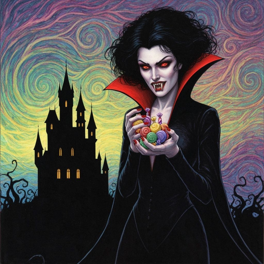 Vampire with Candies Before Gothic Castle