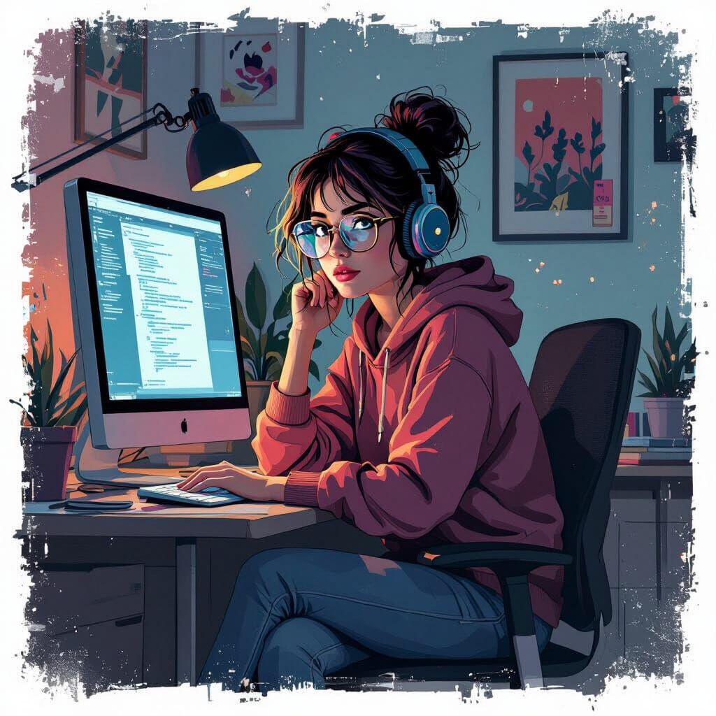 Creative Workspace: Girl Using Computer in Lo-fi Style