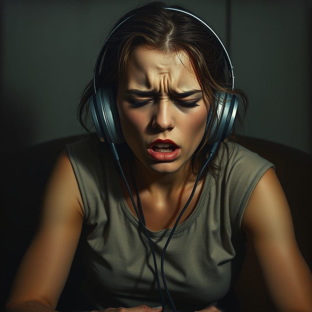 Distraught Woman in Headphones, Hyperrealist Portrait