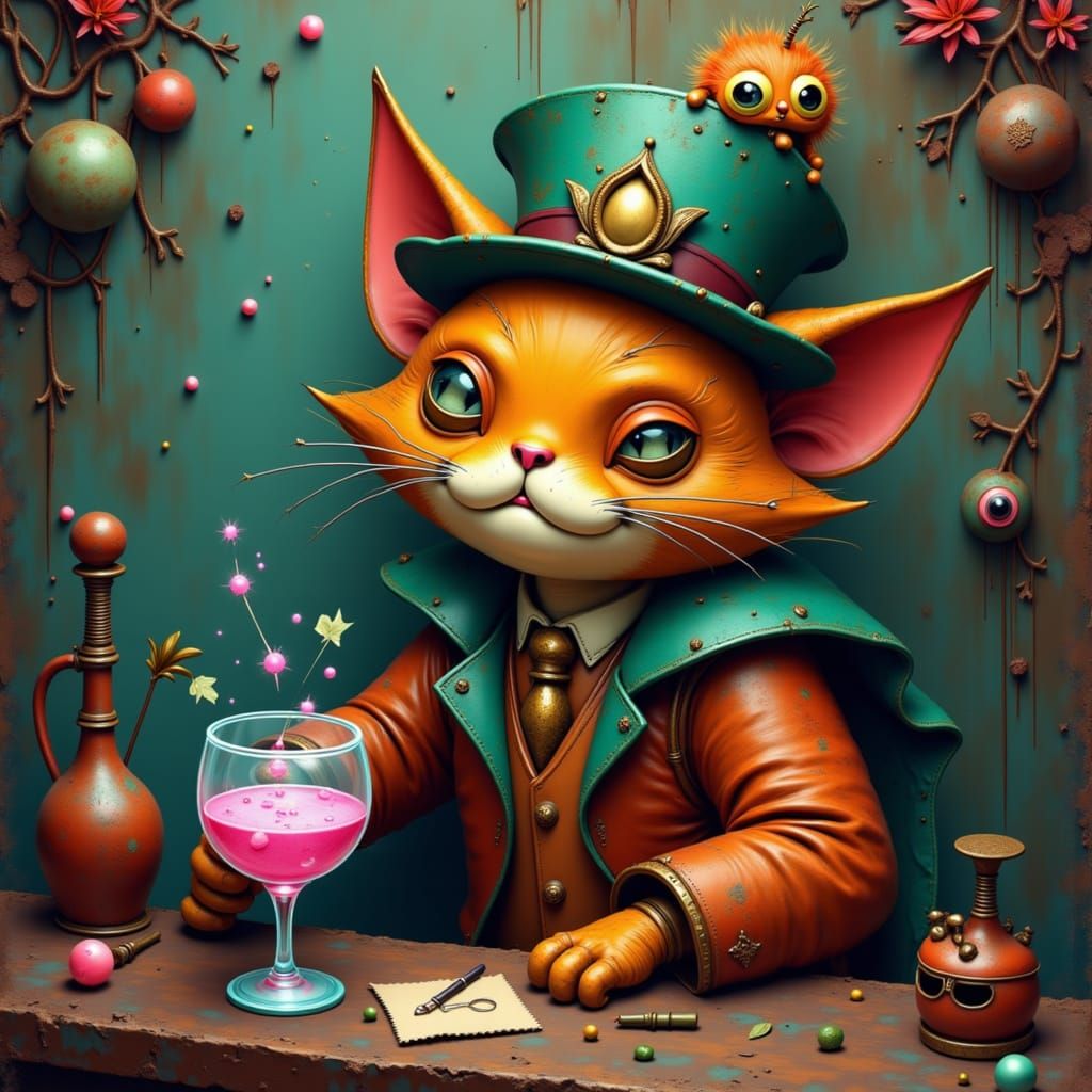 Anthropomorphic Cat Mixes Potion in Speakeasy