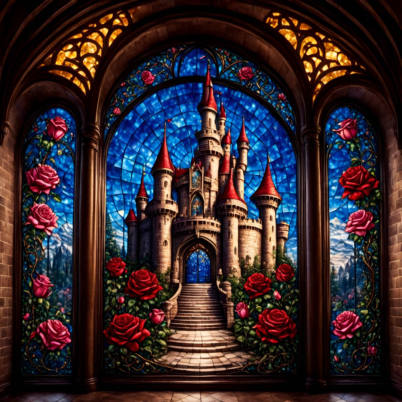 Beauty and the Beast Castle in Stained Glass Style