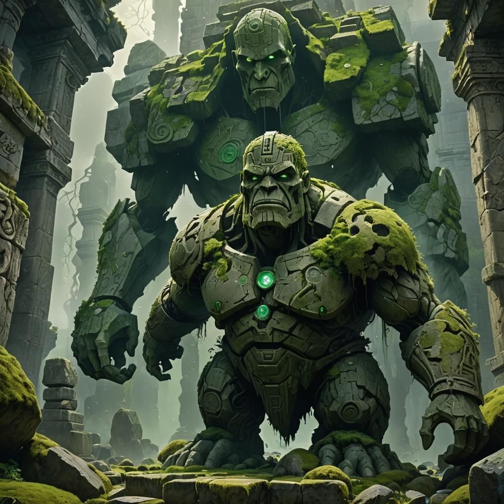 Golem with Floating Marble Head in Art Nouveau Style