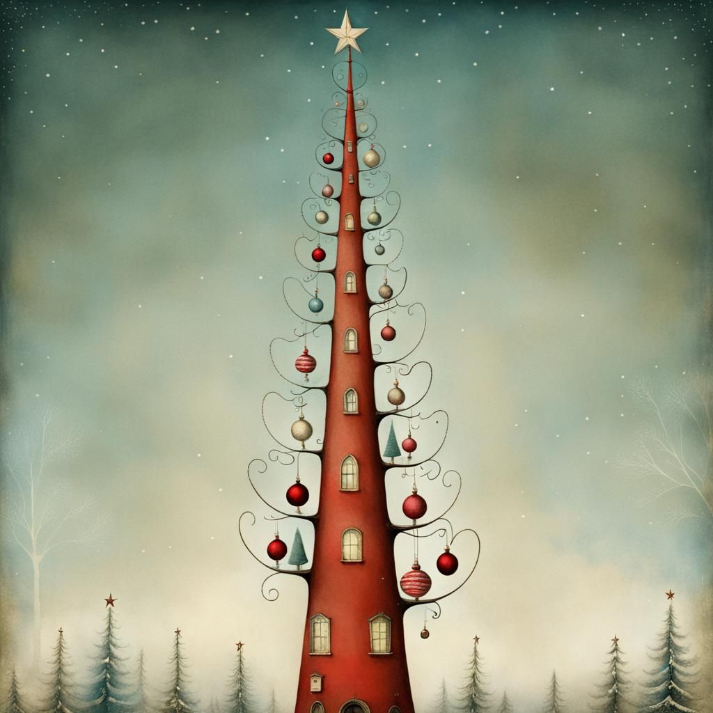 Whimsical Christmas Tree in Surreal Style
