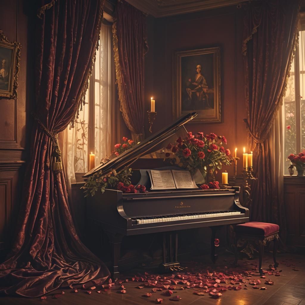 Roses on Piano with Candlelight and Dancing Curtains