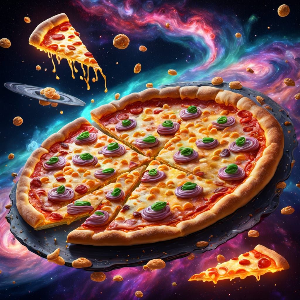 Surreal Space Pizza in Oil Painting Style