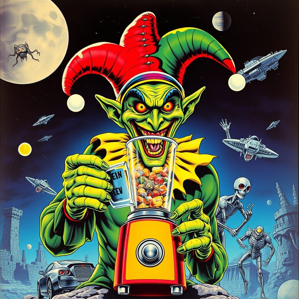 Vintage Science Fiction Jester Battles Bioengineered Monster