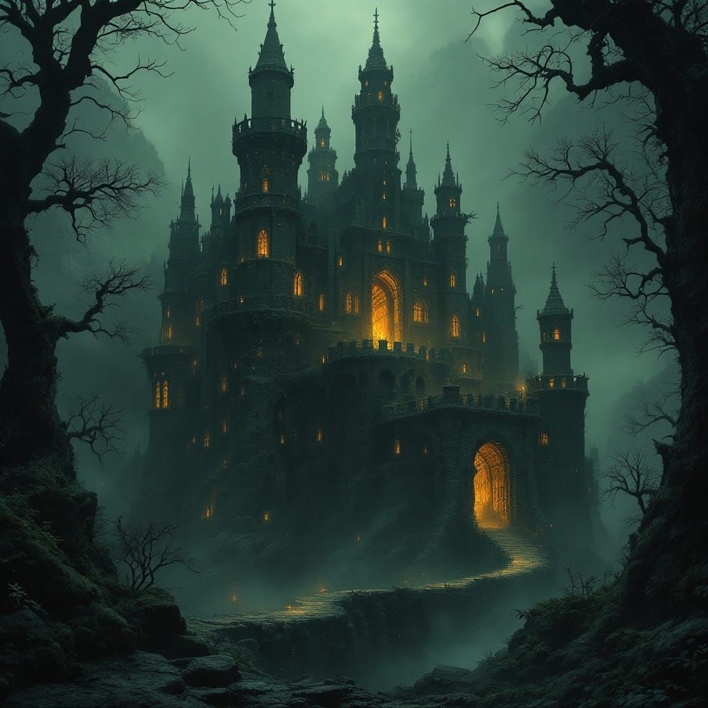 Mysterious Dark Elf Castle in a Haunting Fantasy Landscape