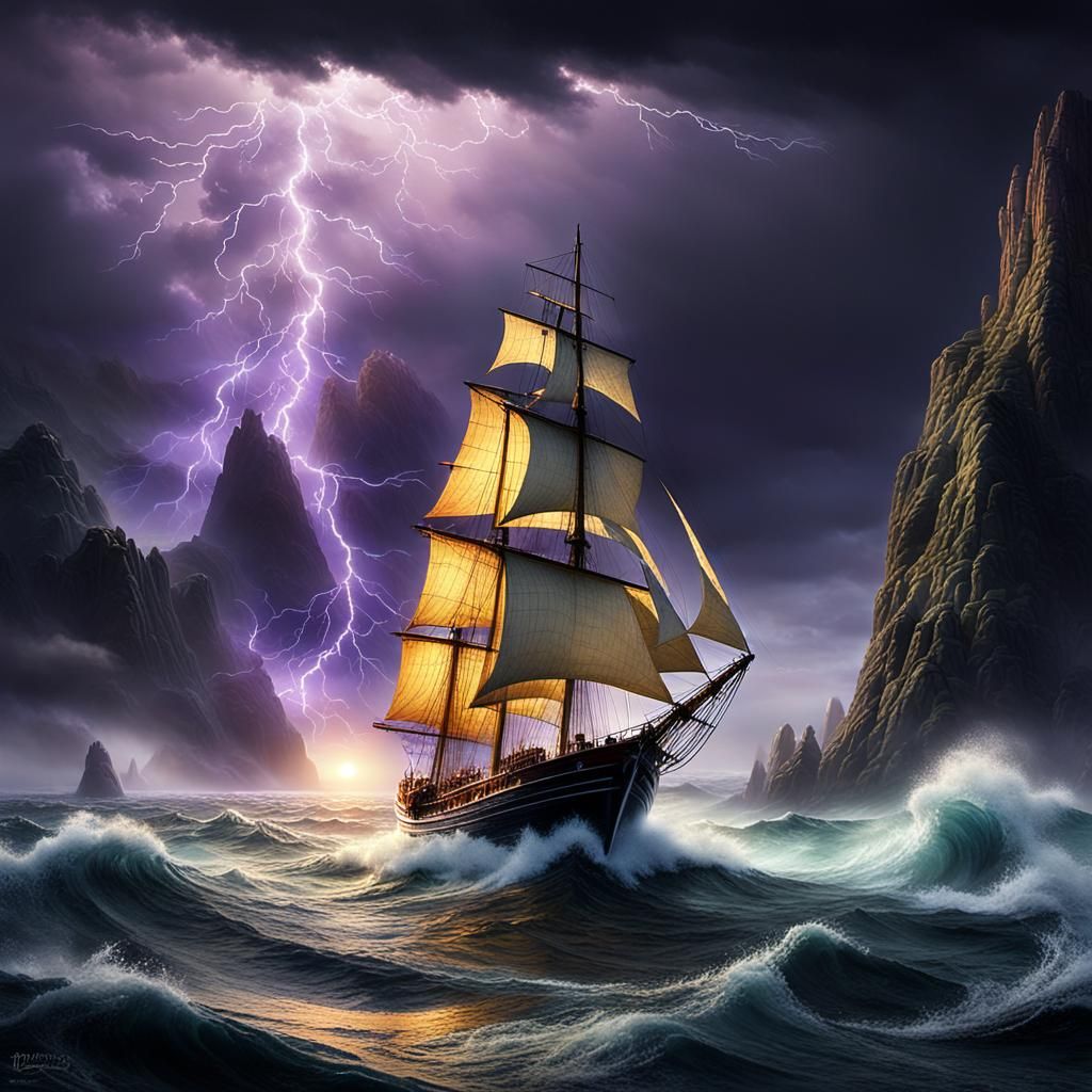 Sailboat Navigates Stormy Seas: Digital Matte Painting