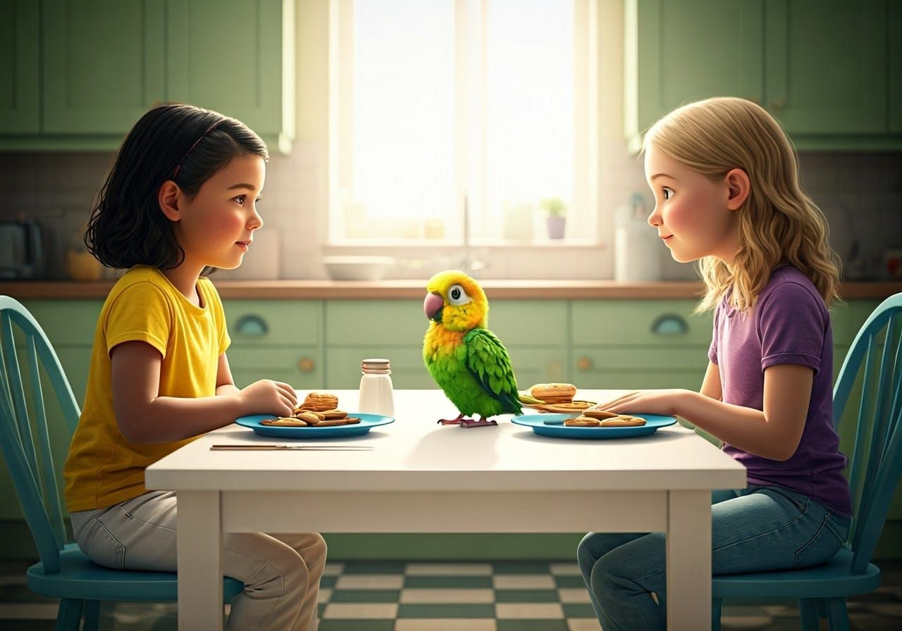 Little Girl Adores Her New Parrot Companion in a Cheerful Ki...